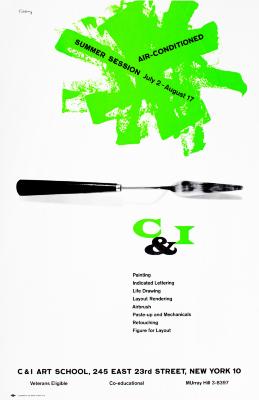 Posters depicts: Splotch of green paint applied with a palette knife overlaid with dates of summer season in black type, above a photograph of a palette knife in black and white.