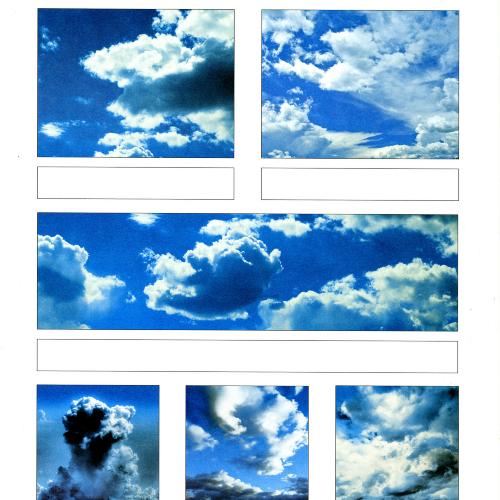 Boxes with white fluffy clouds and blue sky with empty text boxes beneath