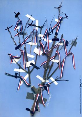 Posters depicts: a tree branch covered in red, white, and blue ribbons taped to a blue background with blue pieces and white pieces of tape