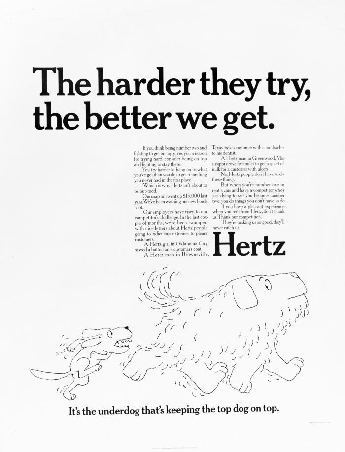 Advertisements depicts: Cartoon drawing of a smaller dog running on two legs after a large fluffy dog running on all four. 