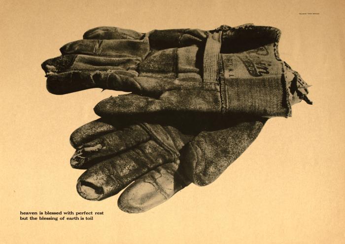 Posters depicts: Black and white photo of two worn work gloves