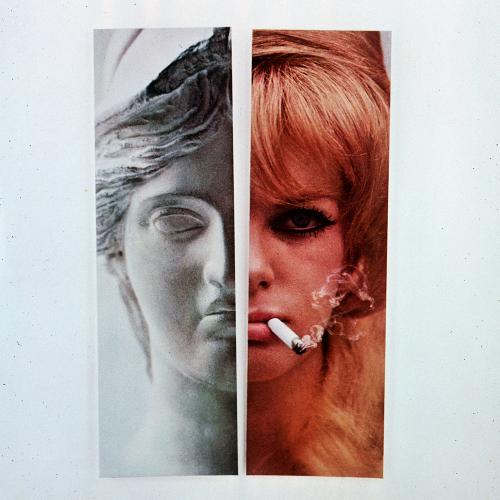 Split face of classical sculpture of a woman's face on left side and color photo of glamorous blond woman smoking a cigarette on the right side 