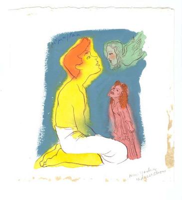 Original Art depicts: Man colored yellow sitting on his heels with his hands in his lap looking up at a bird with the face of a woman colored green in the bottom right of the image looking back at him. There is a woman colored red standing in the background between the two with her fists at her sides.