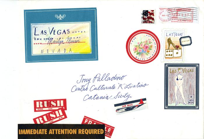 Original Art depicts: Envelope addressed to Tony Palladion with hand-drawn stamps referring to Las Vegas and Rush labels