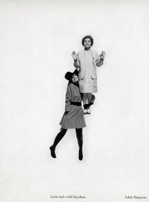 Advertisements depicts: "Little Lady with Big Ideas" - a younger woman holding an older woman up in the air