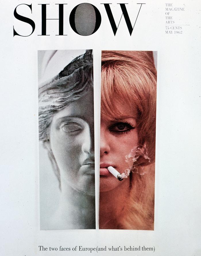 Serial Publications depicts: Split face of classical sculpture of a woman's face on left side and color photo of glamorous blond woman smoking a cigarette on the right side 