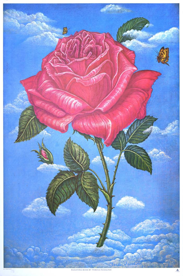 Posters depicts: Large pink rose floating in a blue sky
