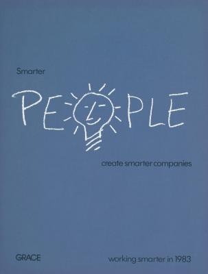 Posters depicts: Blue poster with the sentence "Smarter people create smarter companies". The word "people" handwritten in messy chalk-like print. The "O" in "people" is styled like a lightbulb with a smiling face.