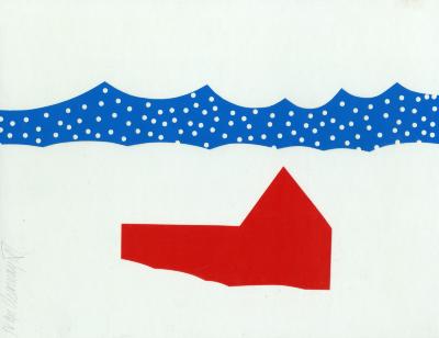 Original Art depicts: cut paper red building submerged in snow with blue sky dotted with snow behind it.