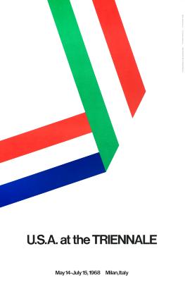 Posters depicts: An abstract red, white, and blue ribbon folds upward as a green, white, and red ribbon. "USA at the Triennale" below. Exhibition dates, Mar 14 through July 15, 1968, at bottom