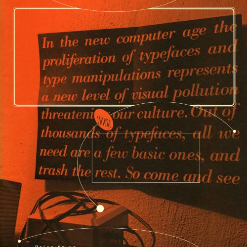 A small boxy machine with cords stacked messily on it sits in the corner, above is a poster of text about the importance of font. The image is entirely black and orange 
