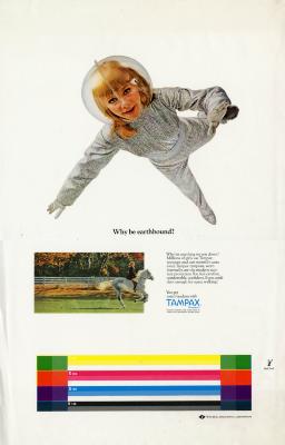 Original Art depicts: Blonde woman in clear helmet and silver spacesuit who seems to be floating in space