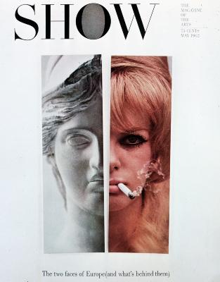 Serial Publications depicts: Split face of classical sculpture of a woman's face on left side and color photo of glamorous blond woman smoking a cigarette on the right side 