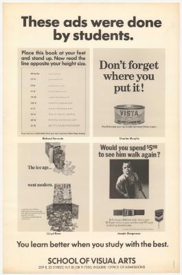 Posters depicts: Grid of 4 text-based ads for car wax, seatbelts, frozen vegetables, and Better Vision Institute