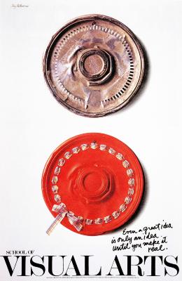 Posters depicts: Photograph of two hubcaps against a white background, presented vertically; top one is rusted, while the bottom one is painted red with a ribbon and bow threaded through it.
