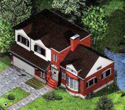 Packaging depicts: Three-dimensional large suburban house on a creek with a green lawn