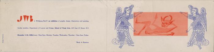 Announcements and invitations depicts: Illustration of two angels holding a painting of a demon on the right. Exhibition information on the left. 