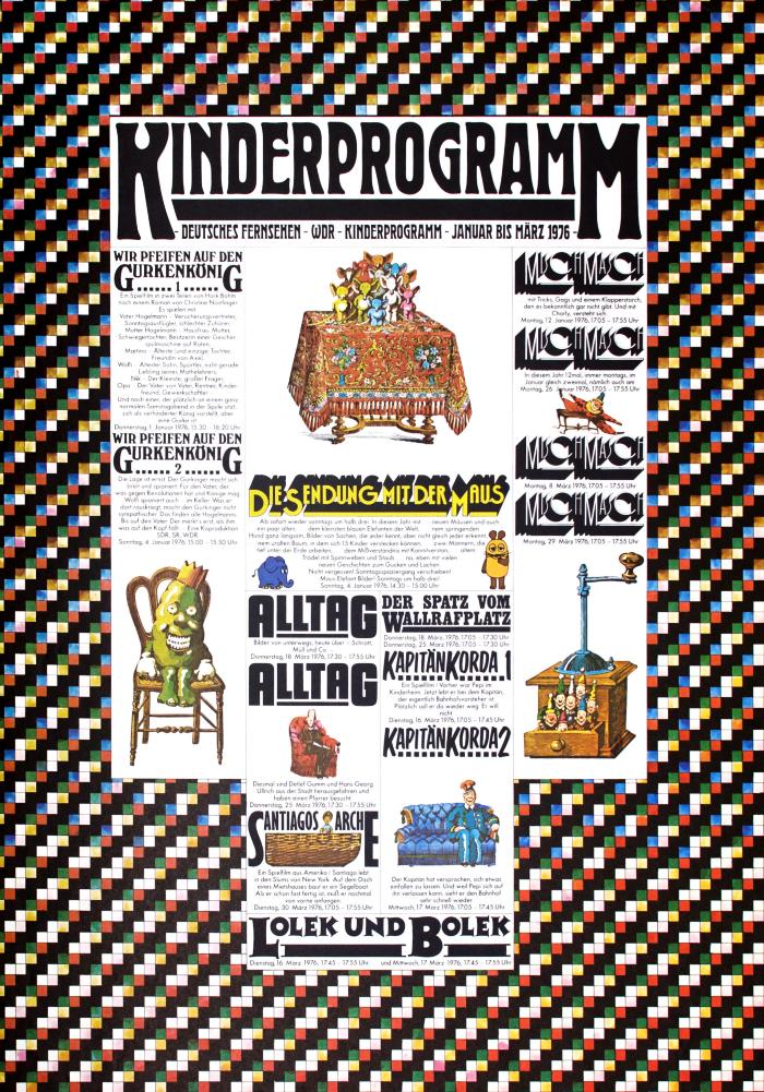 Posters depicts: Newspaper program with various cartoon illustrations of different figures sitting on couches and chairs, and groups of small figures on a table and in a cabinet