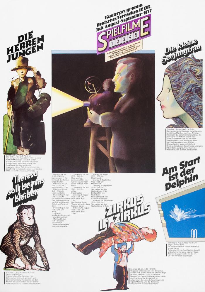 Posters depicts: Various painted illustrations, a woman in profile, a man holding an old timey camera, a monkey, etc