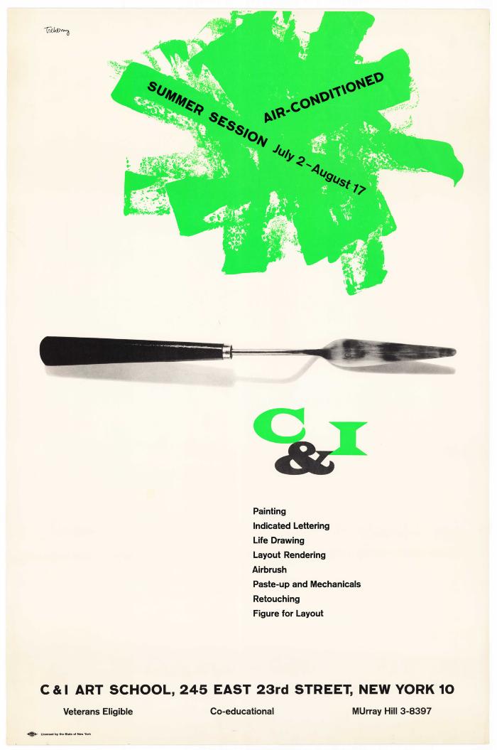 Posters depicts: Underneath a neon green splatter of paint containing text, a photograph of a clean palette knife against a white background.