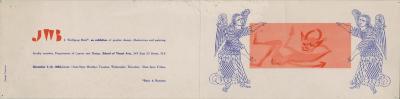 Announcements and invitations depicts: Illustration of two angels holding a painting of a demon on the right. Exhibition information on the left. 