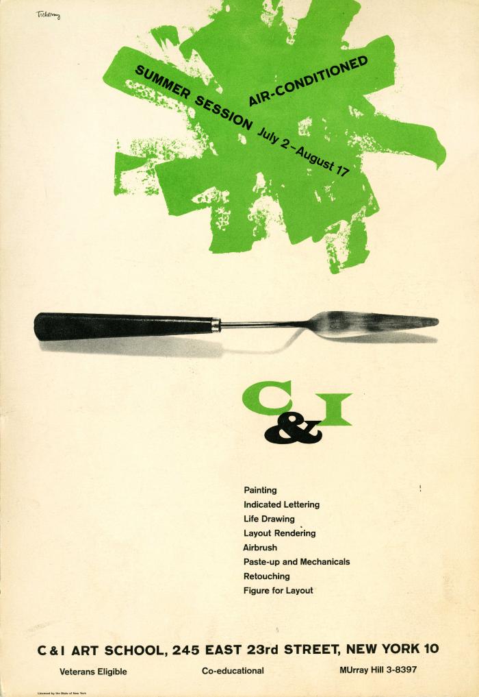Booklet/Brochure depicts: Green paint spread around and a clean palette knife underneath.  
