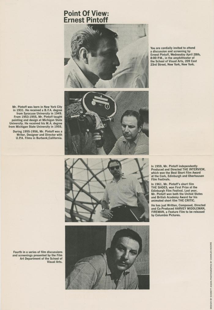 Posters depicts: Four images of speaker in one column with 4 paragraphs of information alternating on each side. 