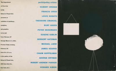 Posters depicts: White square and circle on black background on right. List of names and exhibition information on the left.