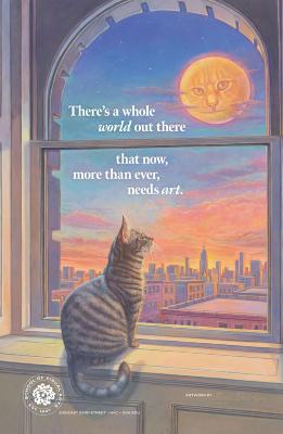 Posters depicts: Cat looking out window at city skyline and moon with cat face.