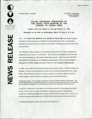 Prints depicts: typed press release on School of Visual Arts letterhead