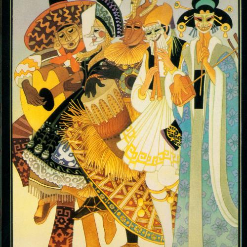 Announcements and invitations depicts: Cover of announcement for Leo and Diane Dillon: A Retrospective exhibition, with illustration of musicians in different cultures' masks