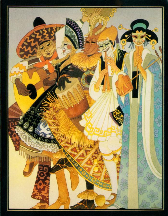 Announcements and invitations depicts: Cover of announcement for Leo and Diane Dillon: A Retrospective exhibition, with illustration of musicians in different cultures' masks