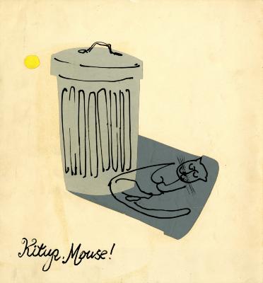 Original Art depicts: drawing of a cat sleeping in the shade of a gray metal trashcan