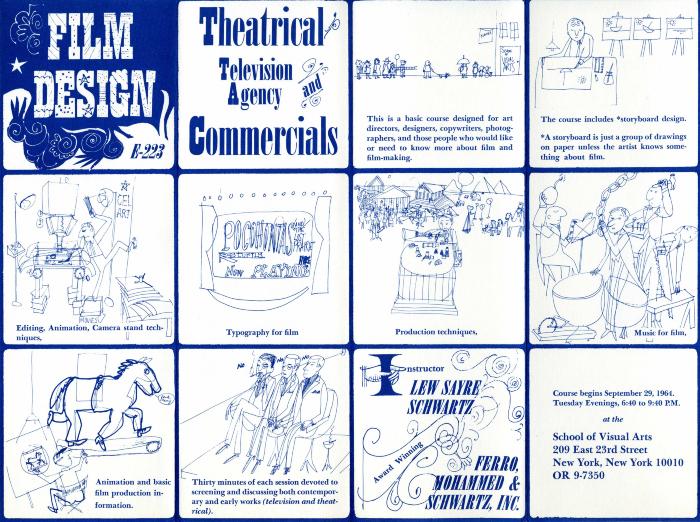 Course Announcements depicts: comic strip of various aspects of film design in blue ink drawings