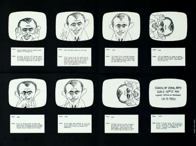Course Announcements depicts: grid of cartoon man setting up tv shot and looking through tv screen