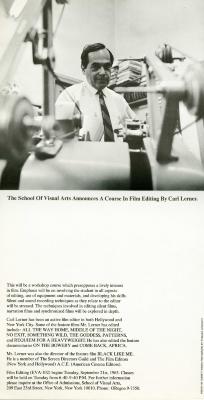 Course Announcements depicts: Black and white photo of a man in a tie in a film editing room