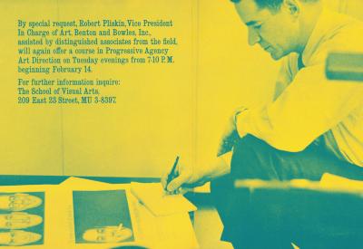 Course Announcements depicts: Yellow tinted photo of man working on page layout