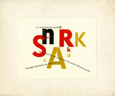 Original Art depicts: The word 'snark' in off-kilter red, black, yellow letters in large block type and again in small type, with lines from Lewis Carroll's poem printed over top.