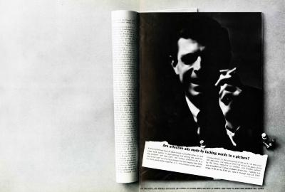 Course Announcements depicts: Magazine page with a man smoking a cigarette and a piece of torn paper with course information on top