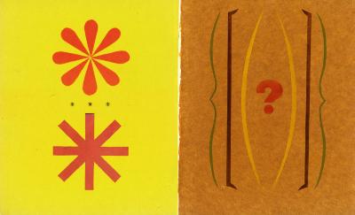 Original Art depicts: Spread of large, stylized punctation marks. On the verso, an ellipsis with two styles of asterisk in red above and below it. On the recto, green curly braces enclosing brown square brackets enclosing yellow parentheses enclosing a red question mark.