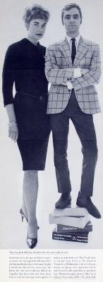 Course Announcements depicts: A woman in a black dress and a man in a checked blazer standing on a pile of books