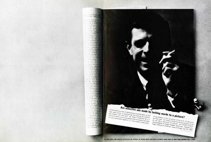 Course Announcements depicts: Magazine page with a man smoking a cigarette and a piece of torn paper with course information on top