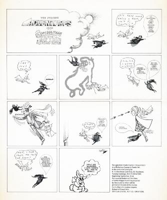 Course Announcements depicts: Cartoon panels of Squigglyman and Captain Crosshatch fighting cartoon villains
