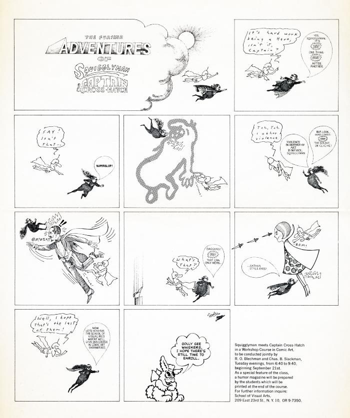 Course Announcements depicts: Cartoon panels of Squigglyman and Captain Crosshatch fighting cartoon villains