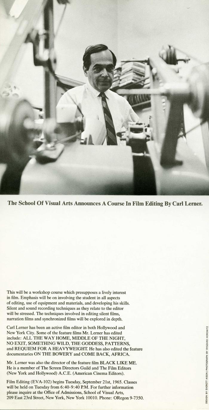 Course Announcements depicts: Black and white photo of a man in a tie in a film editing room