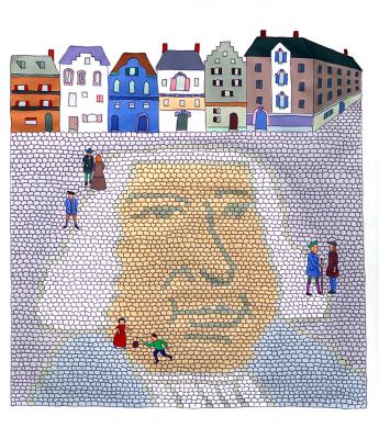 Original Art depicts: Portrait of Bach made up of cobblestones in a plaza lined with buildings
