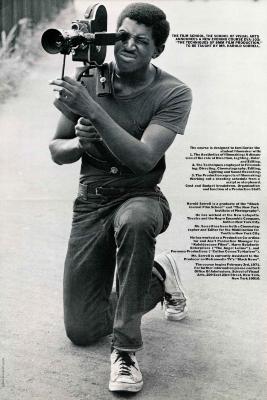 Course Announcements depicts: Black man kneeling and looking through a film camera