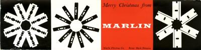 Cards depicts: a long horizontal card composed of four squares, the first two and last have black-and-white snowflakes made from different syles of razors, the third is red with the phrase "Merry Christmas from Marlin; Marlin Firearms Co. Razor Blade Division"  