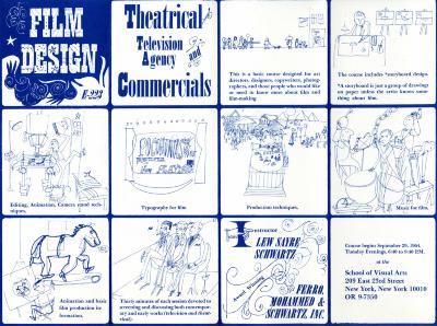 Course Announcements depicts: comic strip of various aspects of film design in blue ink drawings