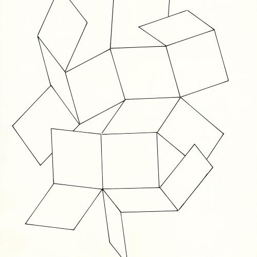 Course Announcements depicts: 16 Squares: Henry Wolf teaches a design class leading to a printed publication course announcement